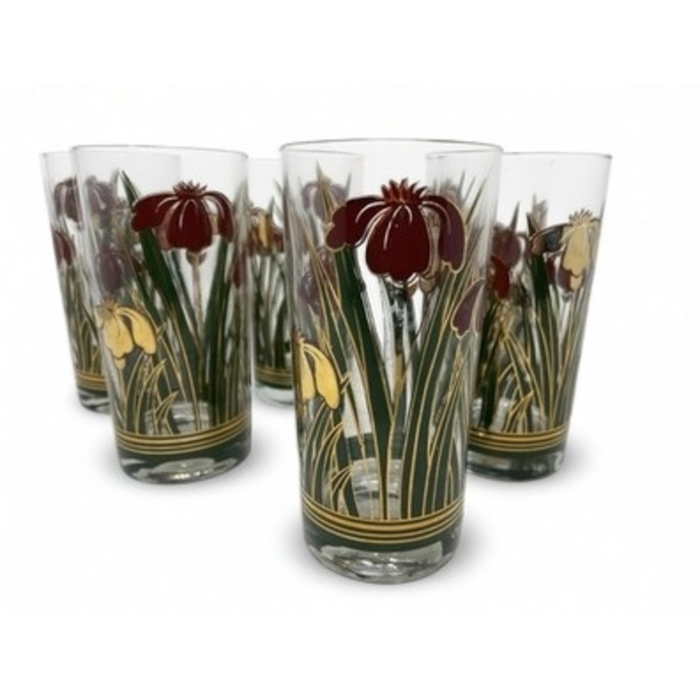 Culver Cinnabar Highball Glasses 22K Gold Iris Floral MCM Barware Set 6 Tumblers